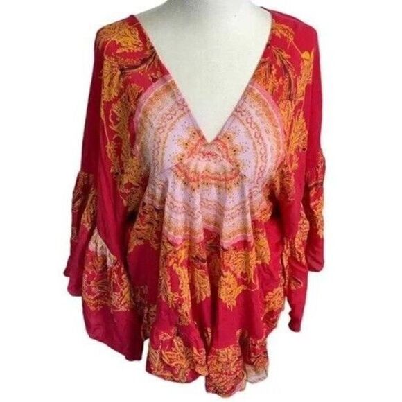 FREE PEOPLE Women Sz S Sunset Dreams Printed Red Tunic Ruffle Top - Picture 9 of 14
